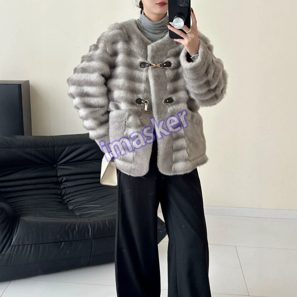 Faux Mink Striped Fur Round Neck Coat Warm Autumn and Winter Womens Short Jacket