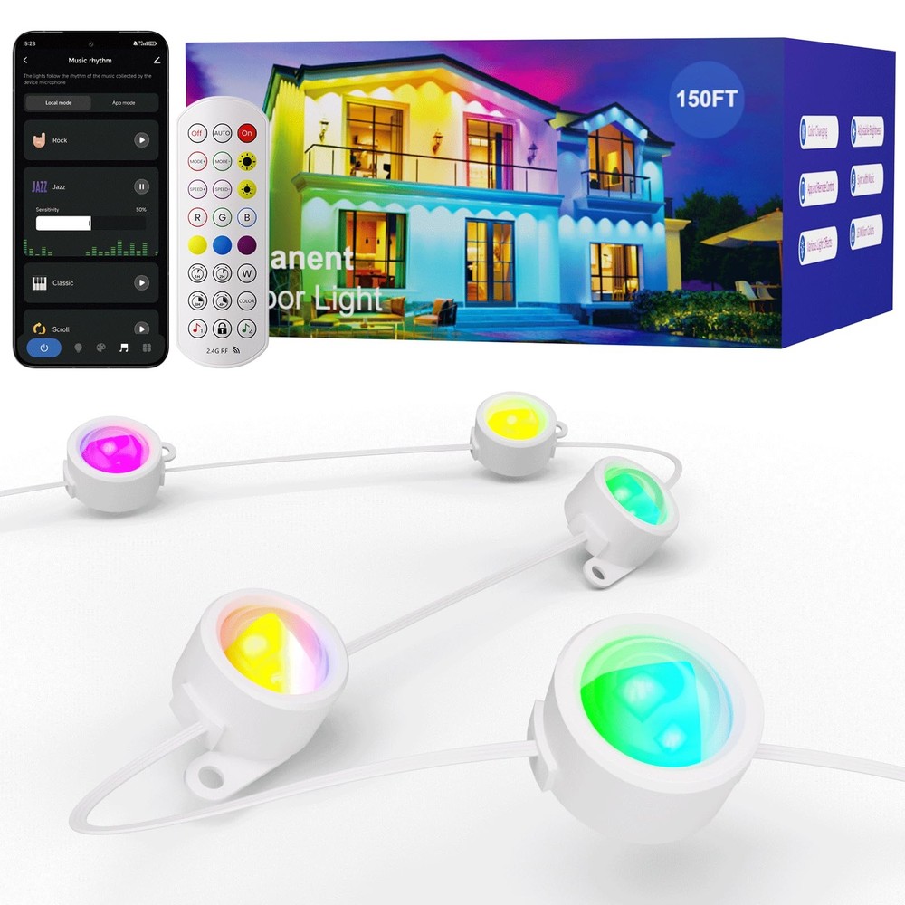 Best HUTAKUZE Permanent Outdoor Lights, 150FT with 90 RGB LEDs for Decor, IP67