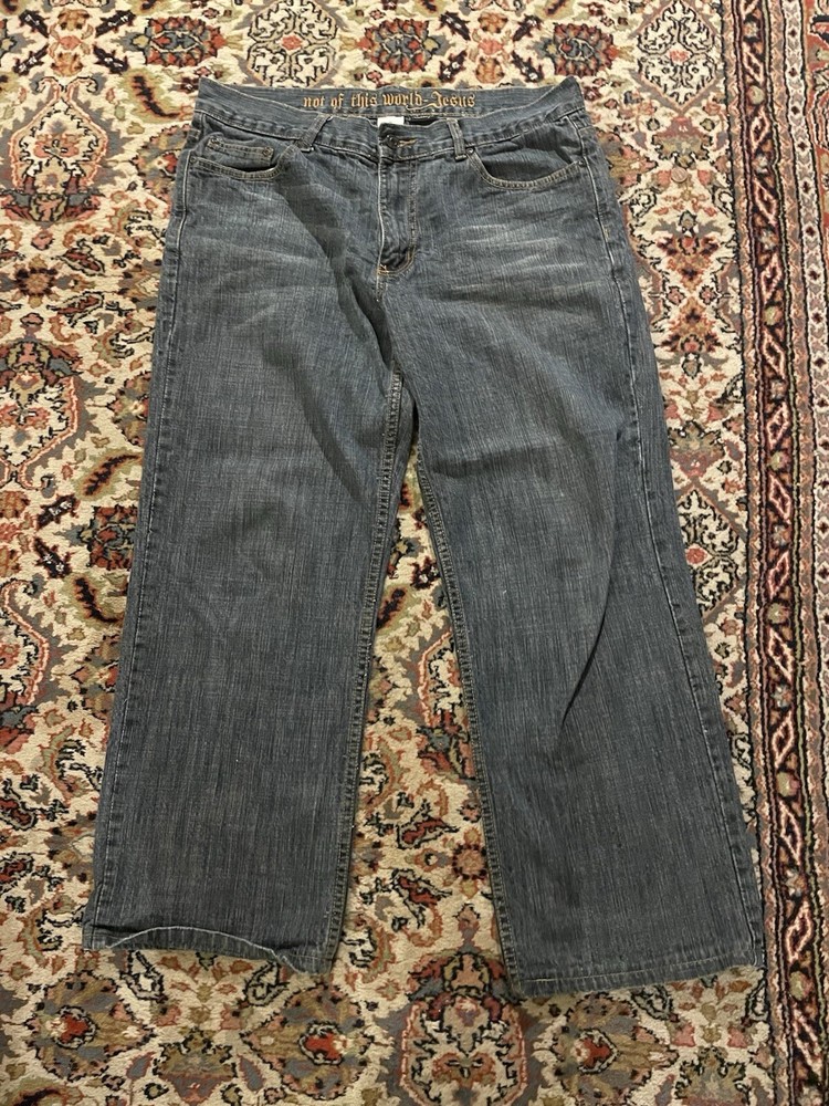 NOT OF THIS WORLD Y2K Jesus Jeans Size 36 Blue Denim Boot Cut Rodeo Baggy 90s
