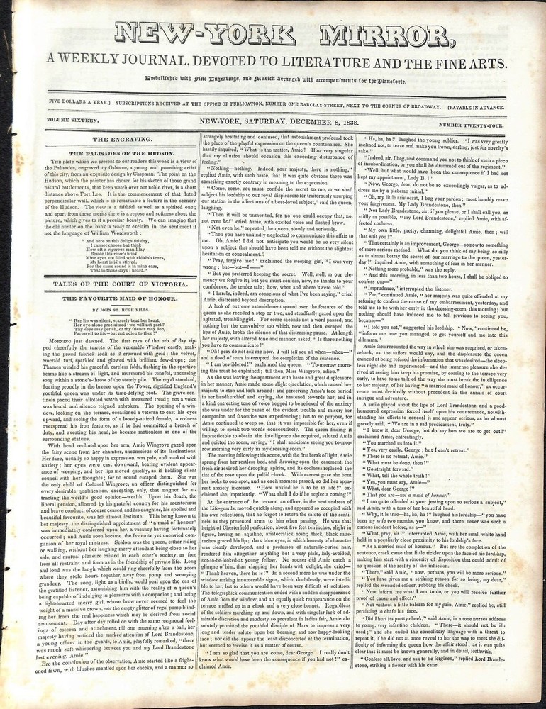 New-York Mirror Weekly Journal Literature Fine Arts Newspaper 12/8/1838