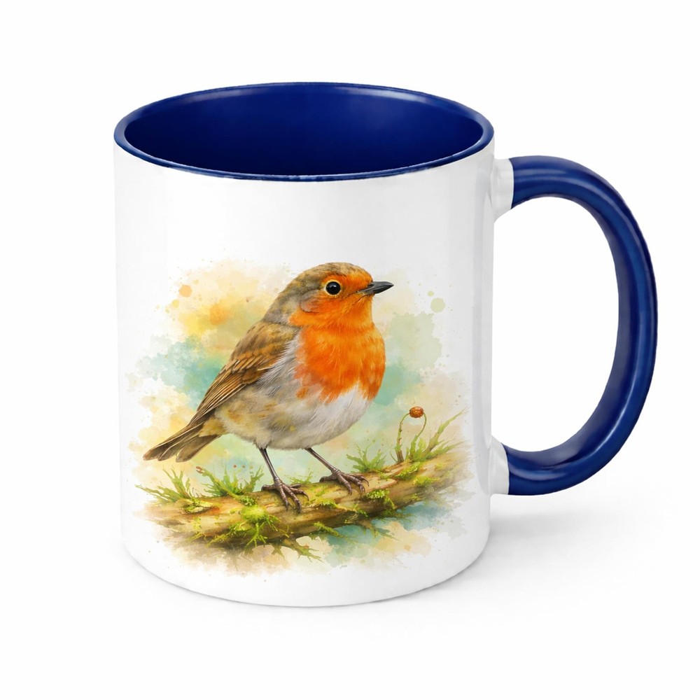 Robin Ceramic Mug Brew Crew Gifts White 11oz Dishwasher Safe Watercolour Blue
