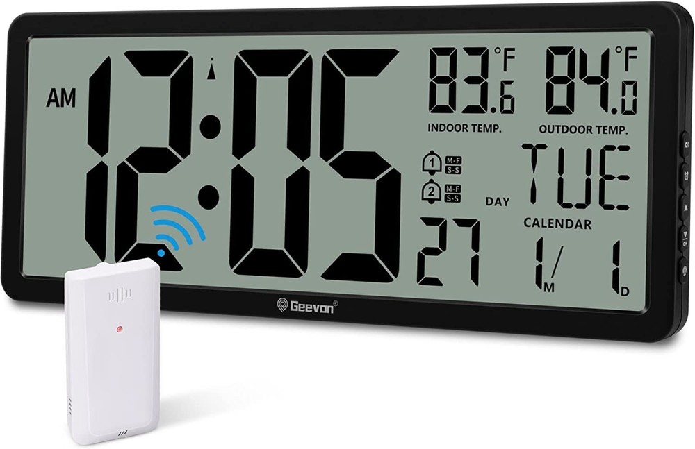 14.3 Inch Large Atomic Digital Wall Clock with Indoor Outdoor Temperature and Battery Backup  