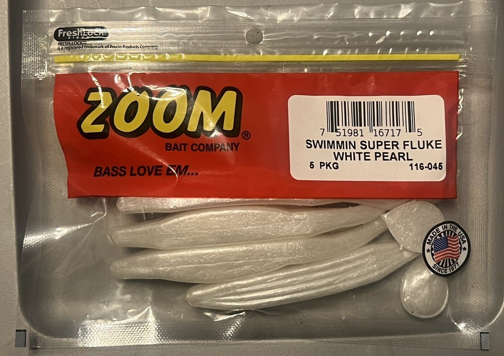 Zoom Swimmin Super Fluke White Pearl 5” Soft Plastic Fishing Lures