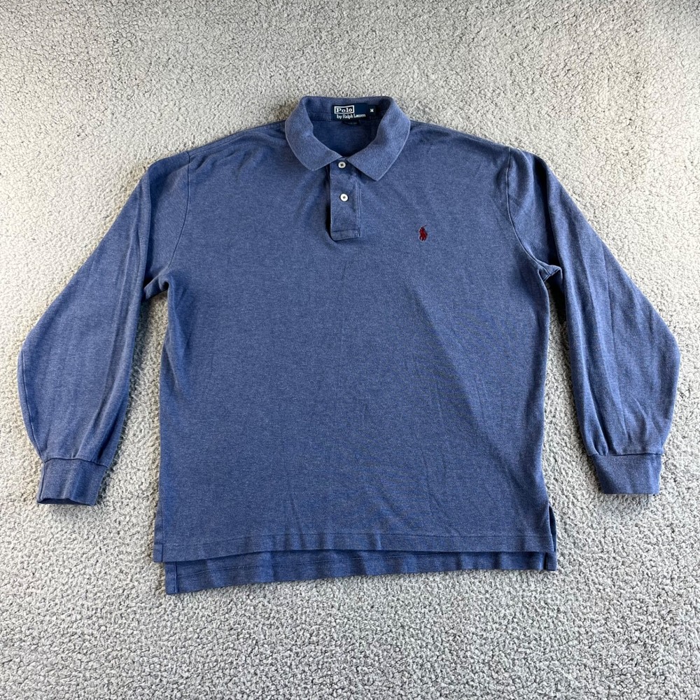 Ralph Lauren Polo Shirt Mens Medium Blue Red Pony Long Sleeve Rugby Golf Classic