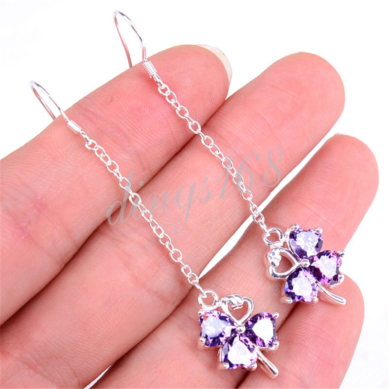 925 Sterling Silver Violet Crystal 4-Heart Clover Threader Dangle Earrings H624