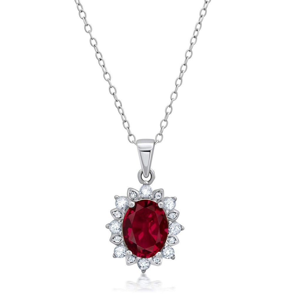 925 Sterling Silver Oval Red Ruby Pendant Necklace for Women with White Zircon