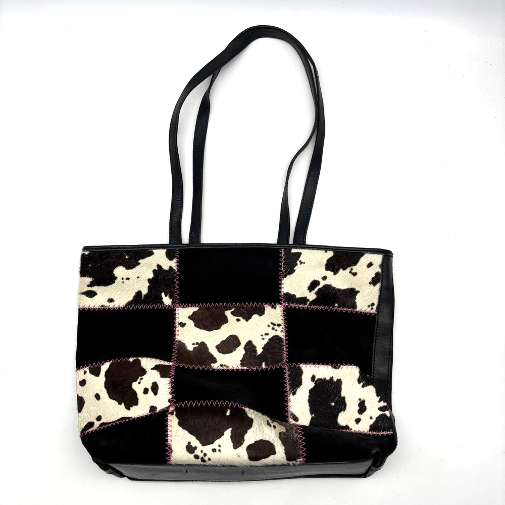Vintage 00s Y2K Harold Powell Black Leather Patchwork Cowhide Tote Bag 14x10.5