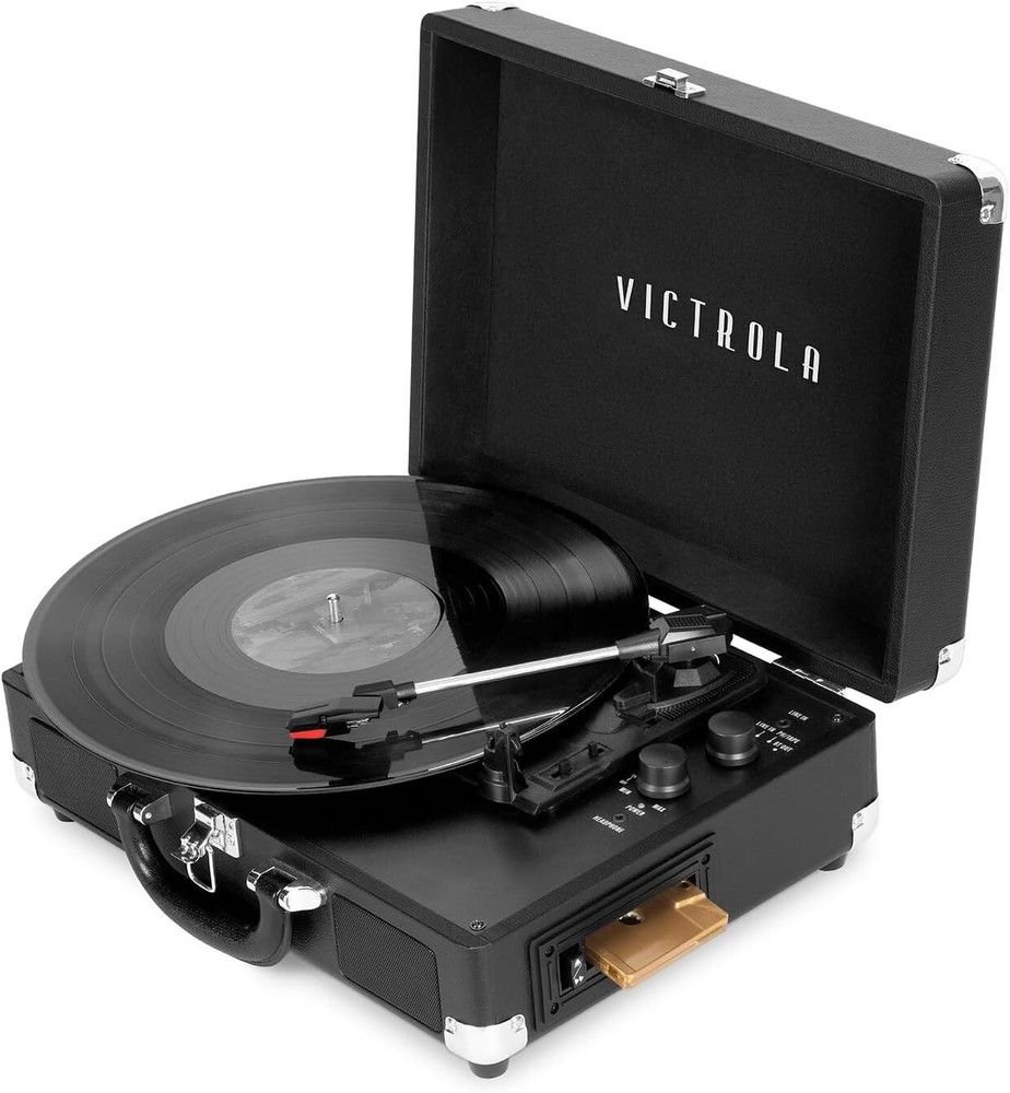 3-speed Vinyl Suitcase Record Player with Cassette, connectivity AUX RCA Black