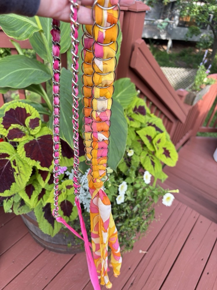 SilverTone Chain Belt with Pink Scarf Adjustable 65 Inches