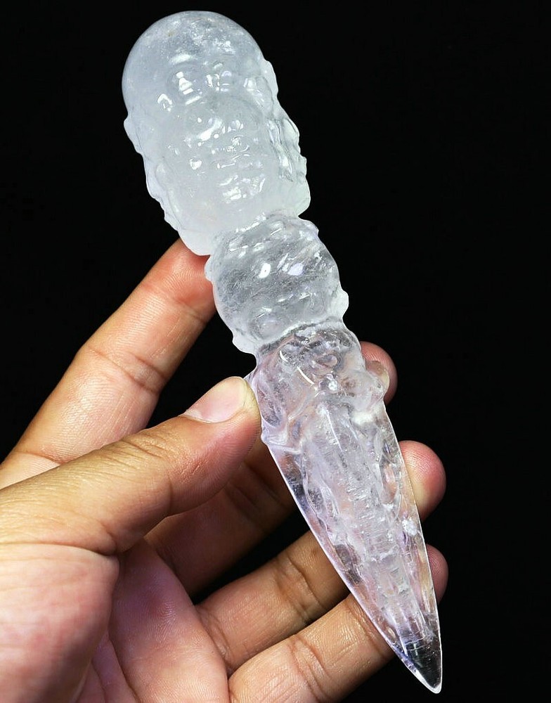 Natural Clear Quartz Crystal Stone Carved Vajra Dorje buddhist Amulet Healing
