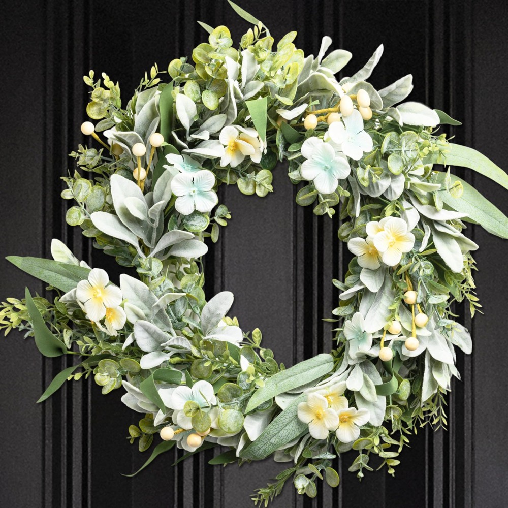 Spring Wreaths for Front Door, Lambs Ear Wreath with Hydrangeas Flower and Eu...