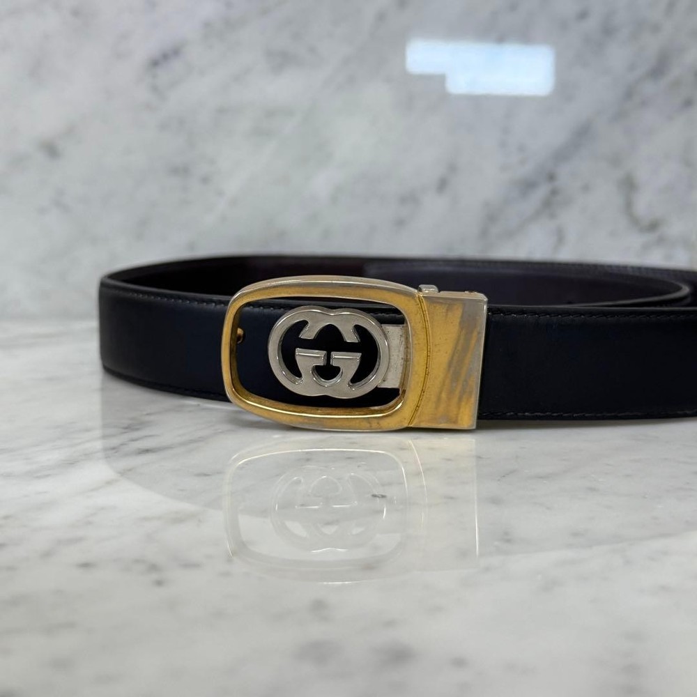 GUCCI buckle belt GG Logo Leather Gold Silver hardware Made in Italy Black
