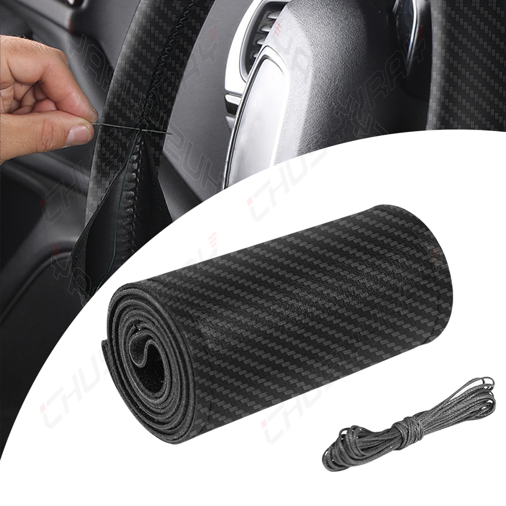 1x Car DIY Black Genuine Leather Steering Wheel Cover Wrap Sew-on Kit 37-38cm