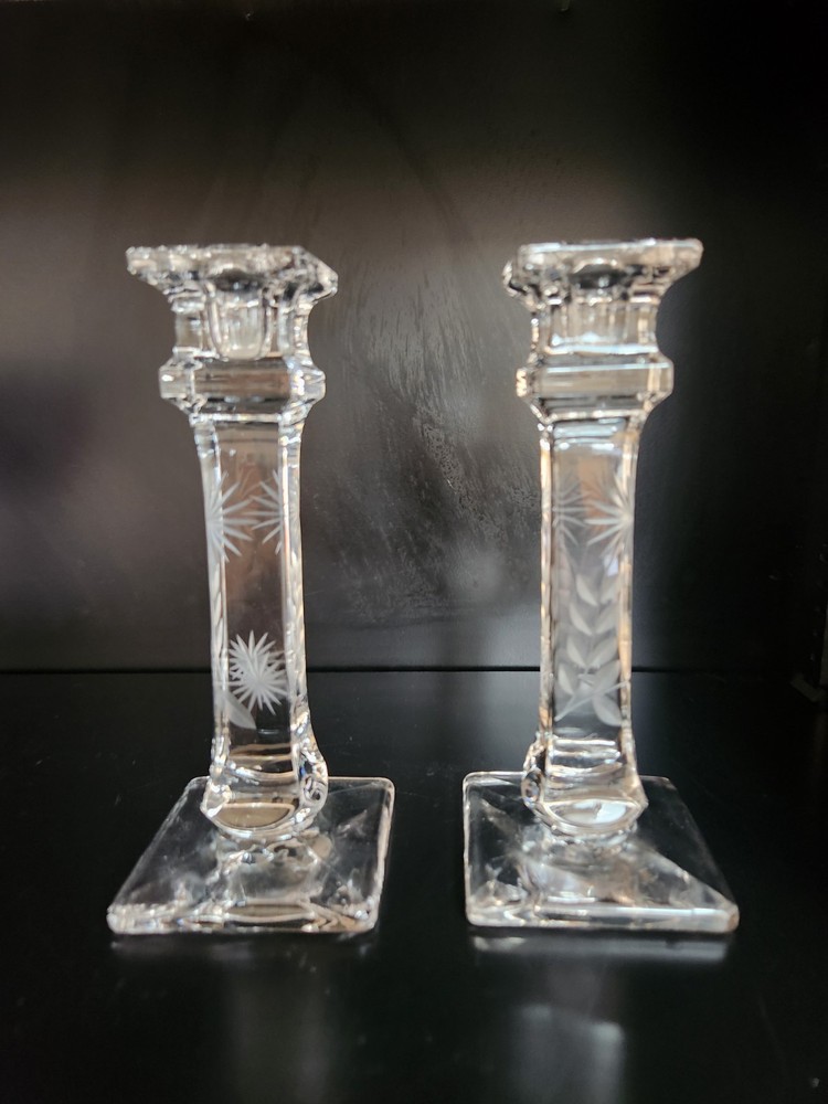 Westmoreland Crystal Starburst Floral Etched Square Column Candle Holders