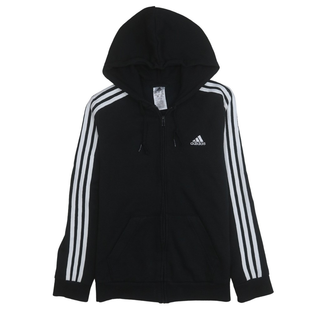 Adidas Womens Hoodie Black Zip Up Hooded Fleece Striped Sleeves Logo Zip Up M