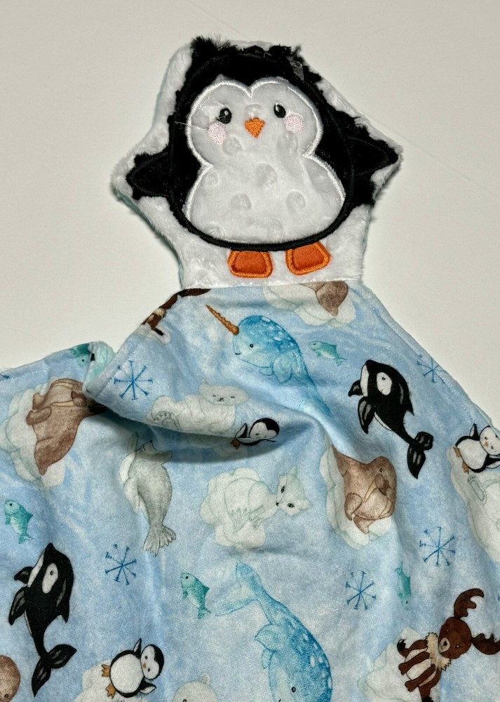 Penguin Baby  Lovey Security Blanket Appliquéd Flannel Minky Baby Gift