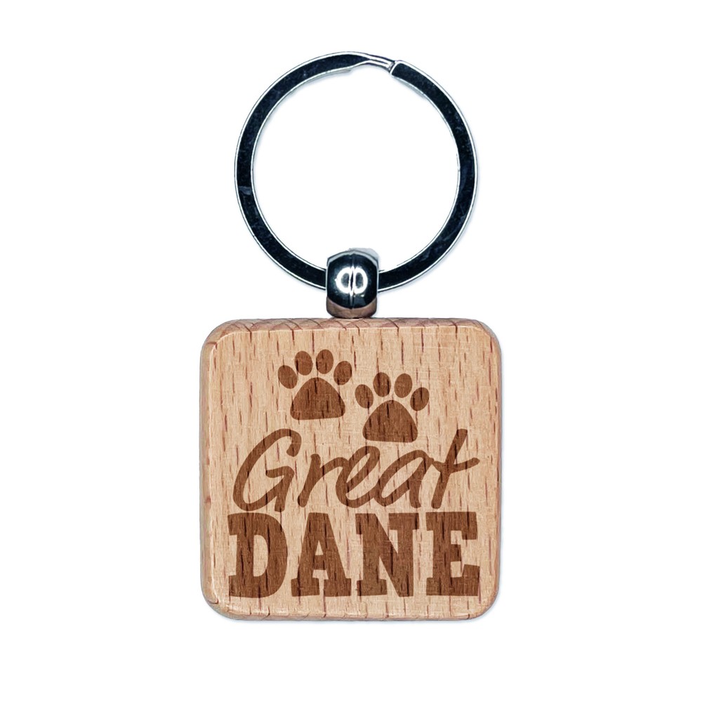 Great Dane Dog Paw Prints Fun Text Engraved Wood Square Keychain Tag Charm