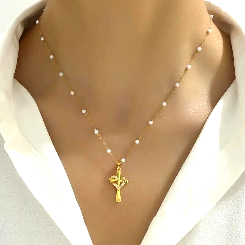 Fashion Golden Plated Cubic Zirconia Cross Pendant Necklace Versatile Women Men