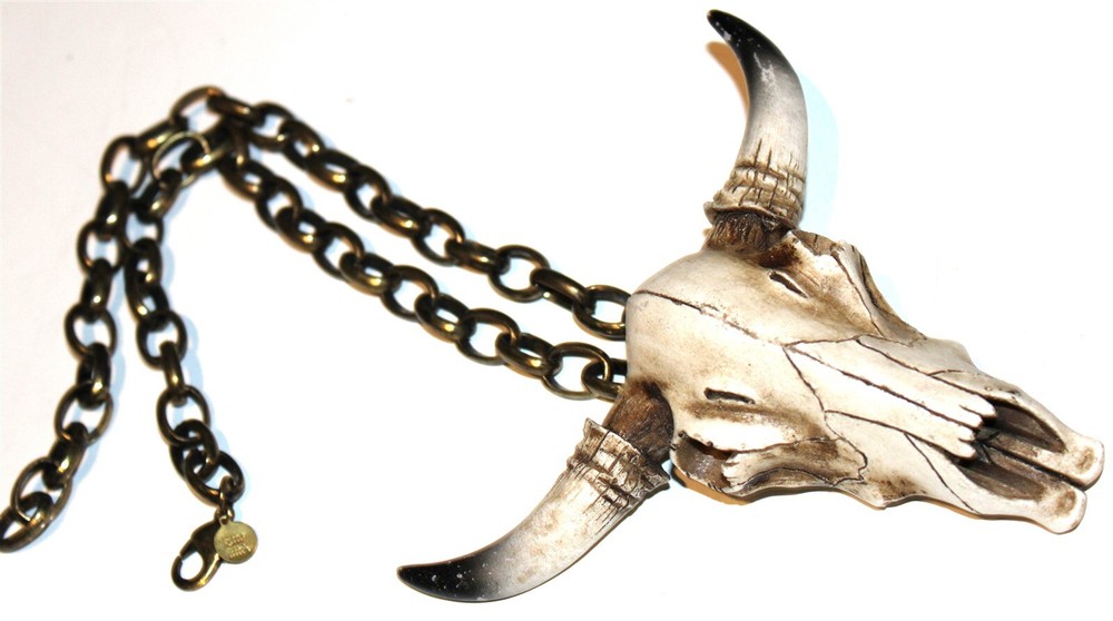 Fantastic large western steer skull bronze chunky Metal chain Necklace Lot#363
