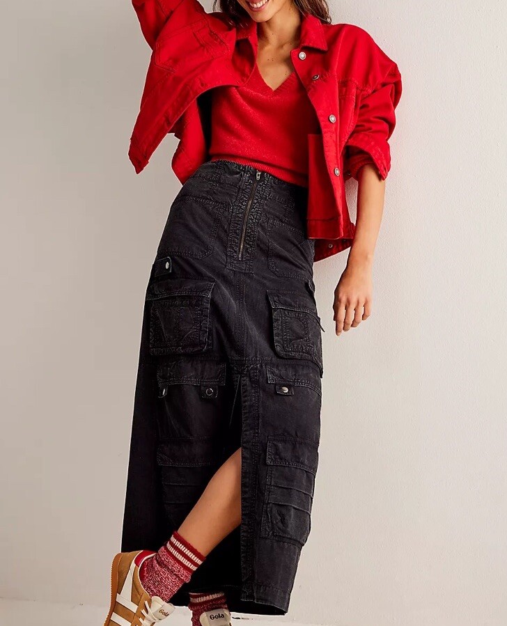 NWT $198 Free People Women’s Margo Cargo Pocket Maxi Skirt Front Slit Black M