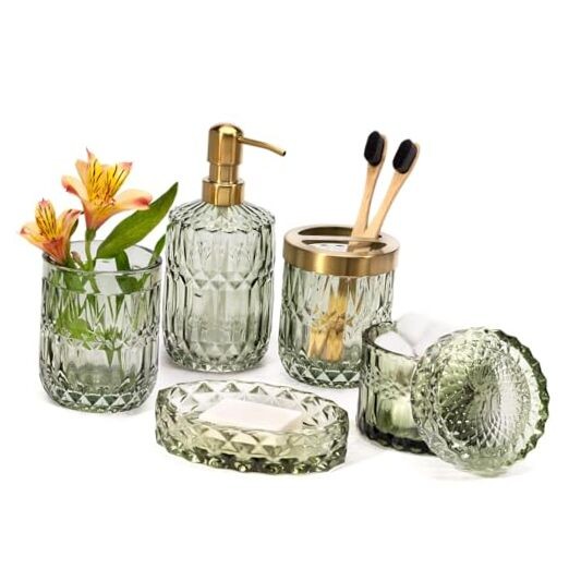 6PCS Bathroom Clear Glass Accessories Set (Lotion Soap Dispenser, Soap Dish,