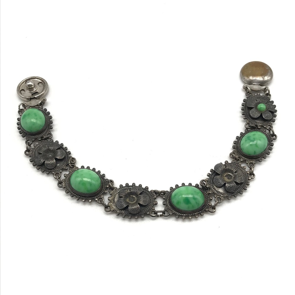 Vintage Silver Tone Green Stone Floral Link Bracelet 7 Inch Antique Style