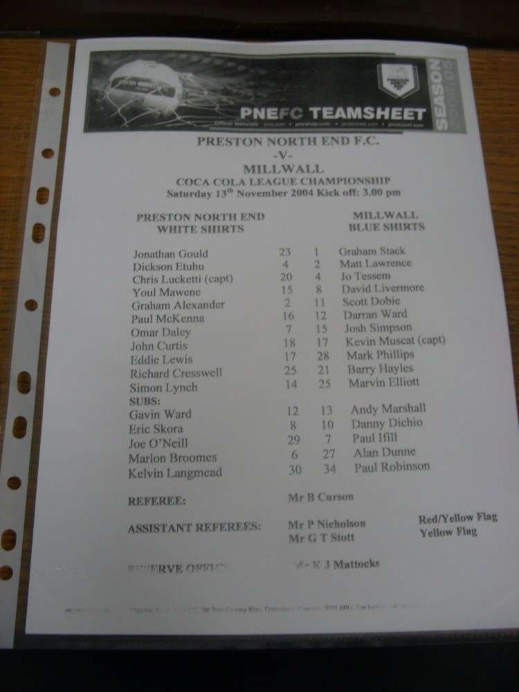 13/11/2004 Teamsheet: Preston North End v Millwall  (Single Sheet, Black & White