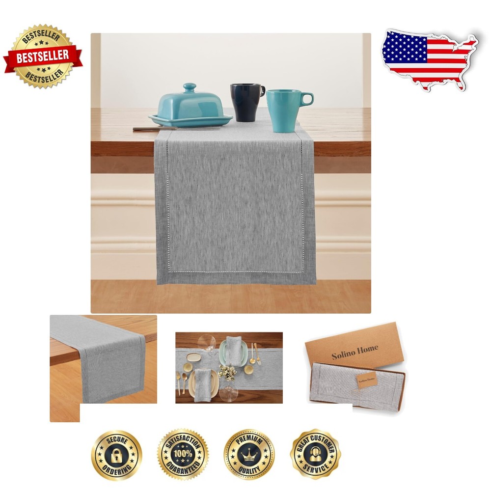 Elegant Oyster Grey 100% Linen Table Runner 14x120 Inch with Hemstitch Design