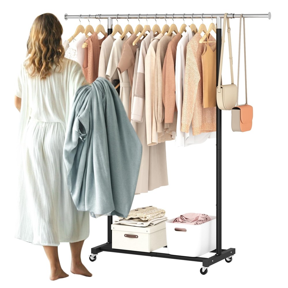 Expandable Rolling Clothes Rack with Shelf and Wheels for Storage