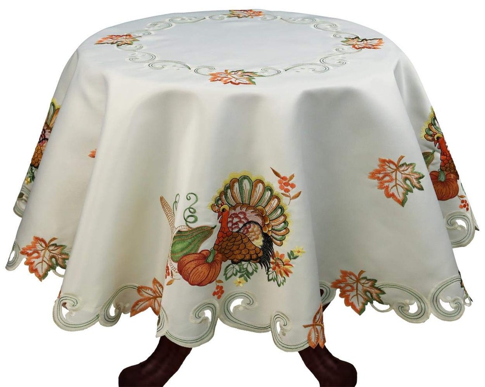 Linens Fall Harvest Thanksgiving Tablecloth Embroidered Turkey Pumpkin Maple Lea
