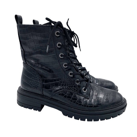 Nine West Piercy Black Croc Faux Leather Combat Moto Boots Size 9.5 Grunge Punk Style
