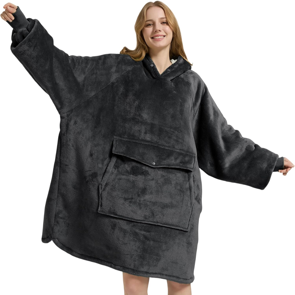 Wearable Blanket Hoodie, Oversized Sherpa Fleece Sweatshirt with Giant Pocket, B