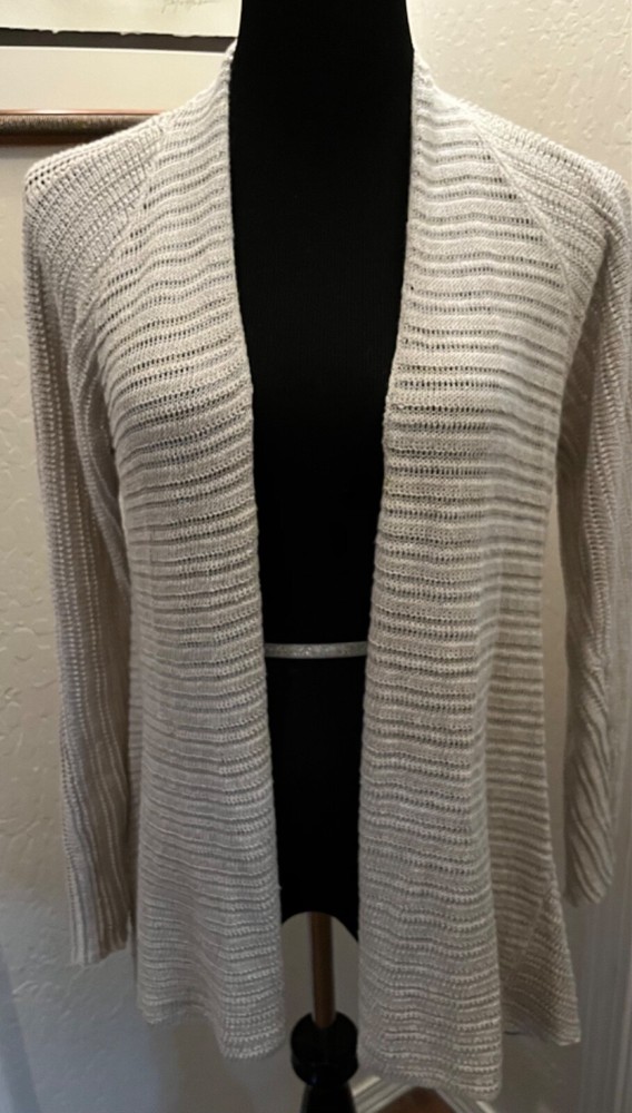 Eileen Fisher marked S beige loose weave linen cardigan free flowing front