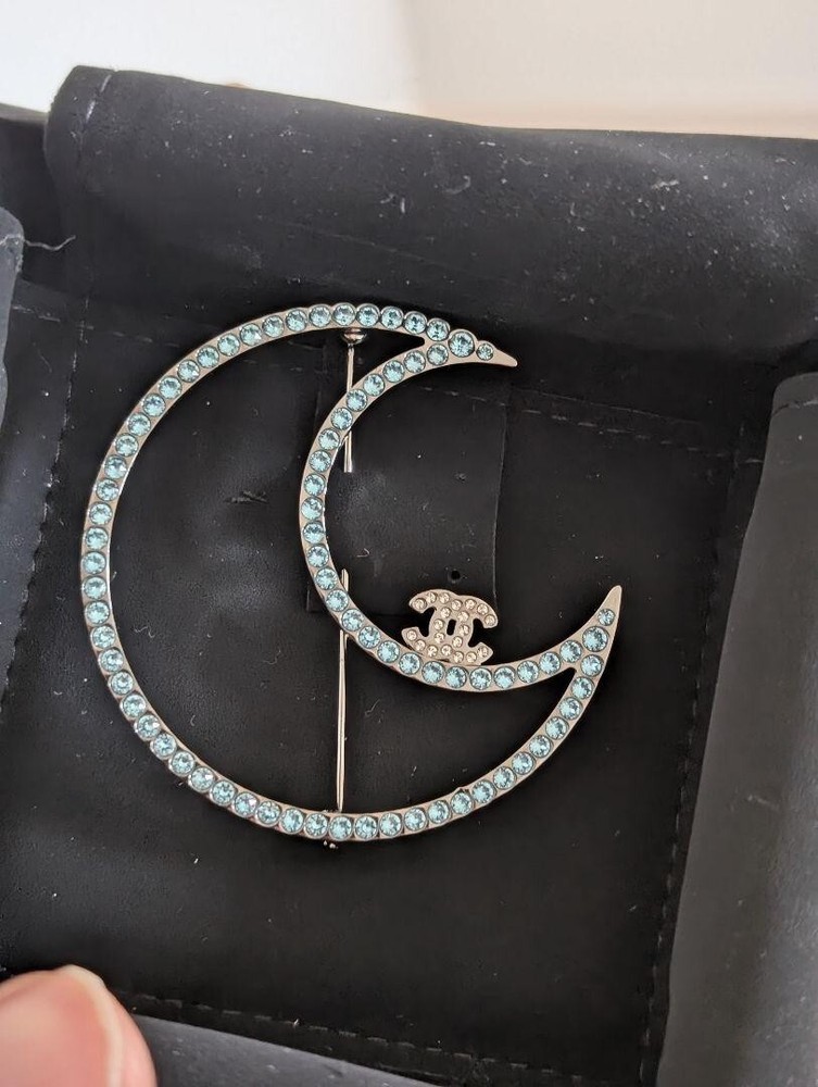 Chanel Silver Blue Crystal Crescent Brooch
