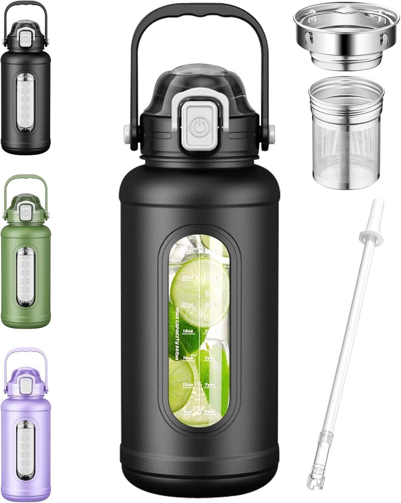 50oz Motivational Glass Water Bottle with Time Marker - BPA Free Large Capacity