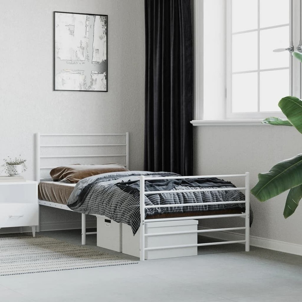 White Powder-Coated Steel Twin Bed Frame - Durable Rectangular Design