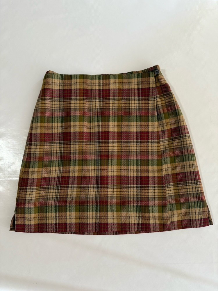 Ann Freedberg Womens Red Beige Green Plaid Lined Slit Skirt Size 12