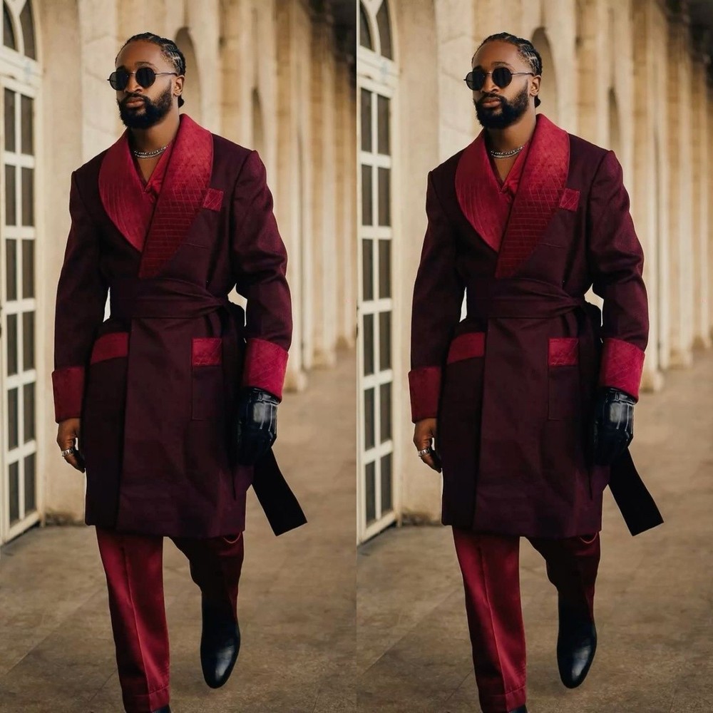 Velvet Quilted Men's Smoking Jacket With Belt Vintage Dressing Gown Long Robes