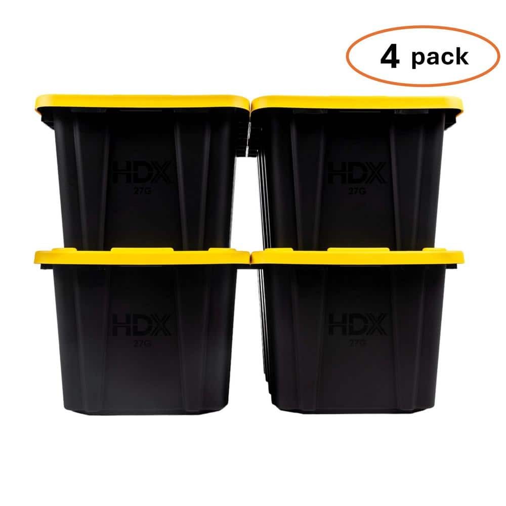 27-Gallon Heavy-Duty Black Storage Totes with Yellow Lids - 4-Pack