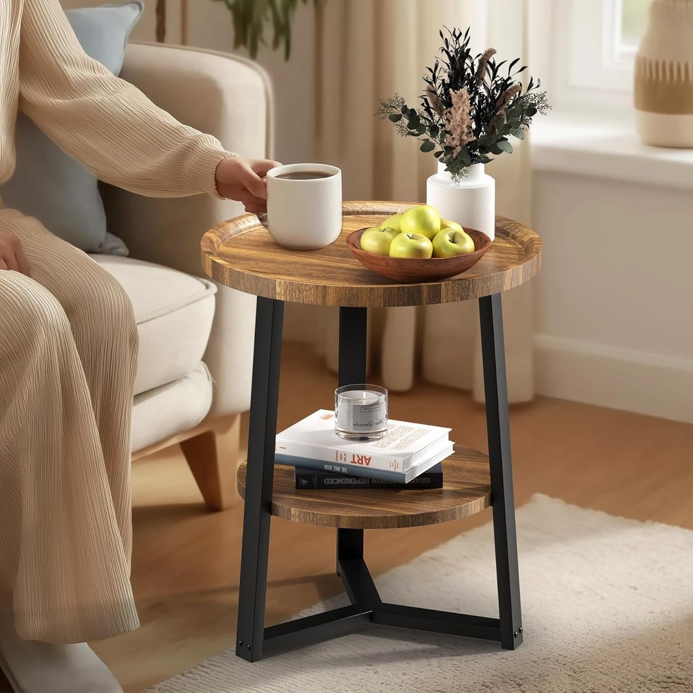 2-Tier Round End Table with Storage Shelf, 19.7x23.6 Inches, Black