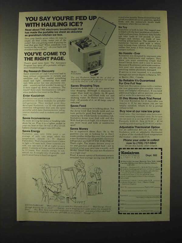 1979 Koolatron F1A Portable Fridge Ad - Tired of Warm Drinks On the Go
