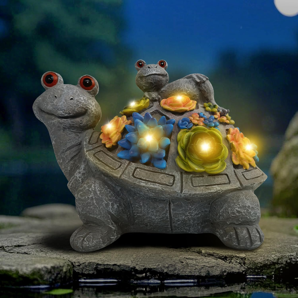 Solar-Powered Snail & Turtle Lawn Statue with Succulent Planter for Outdoor Decor