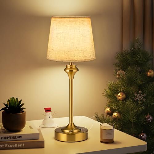 Gold Cordless Table Lamp with Flaxen Fabric Shade Battery Operated 1 Pack