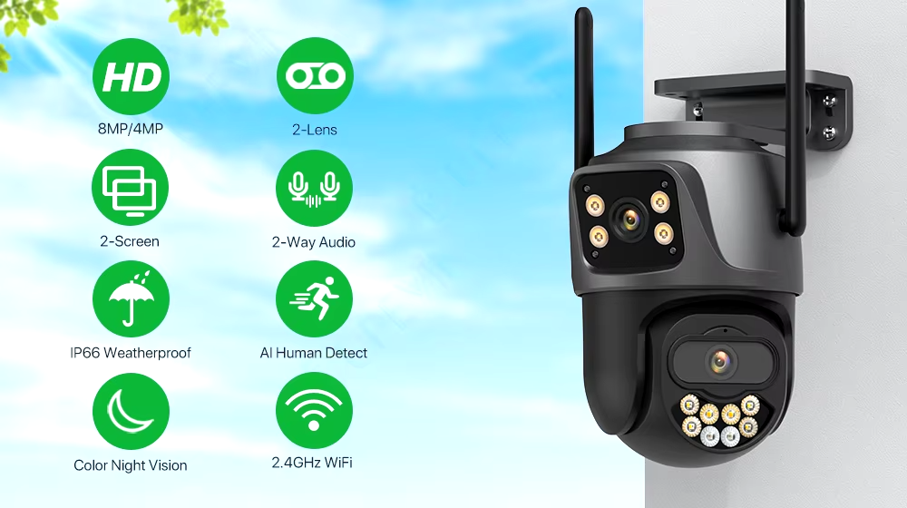 External Wifi PTZ Camera Dual Lens 4K 8MP HD Outdoor IP Camera 4MP Auto Tracking