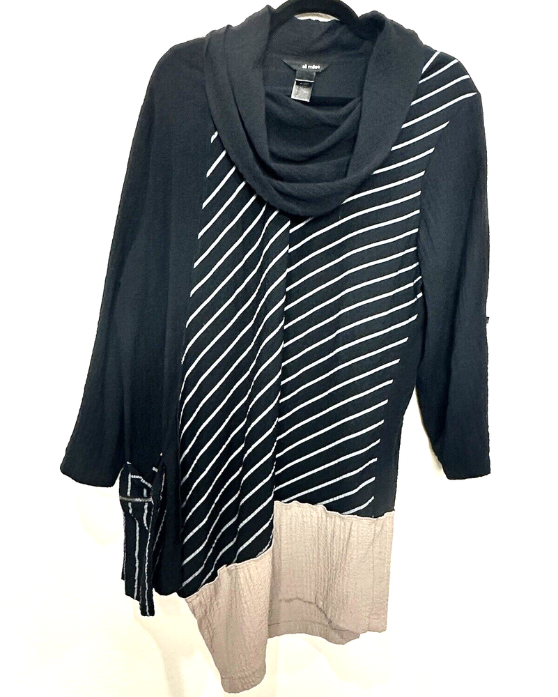 Ali Miles Women SZ XL Top Blouse Black Stripe Cowl Neck Roll Tab Pullover Artsy