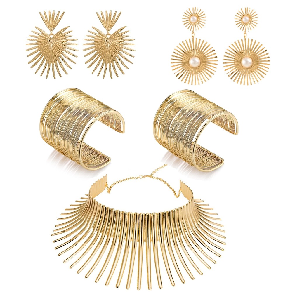 MOZAKA 5-Piece Gold African Collar Choker Necklace Earrings Bangle Set for Women