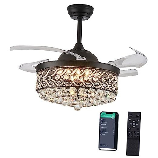 36 Inch Modern Black Ceiling Fan with Retractable Blades and Dimmable Light
