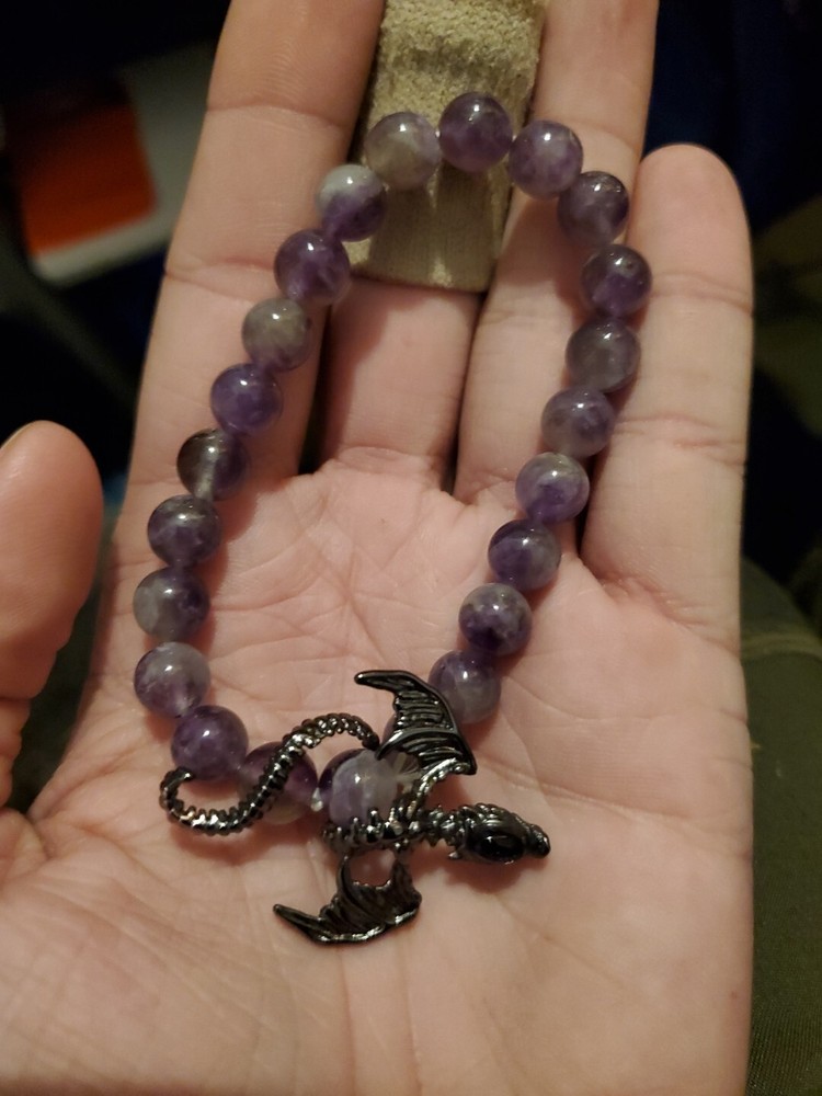 Natural Amethyst Gems Bracelet Dragon Charm Chakra Reiki Healing Amulet