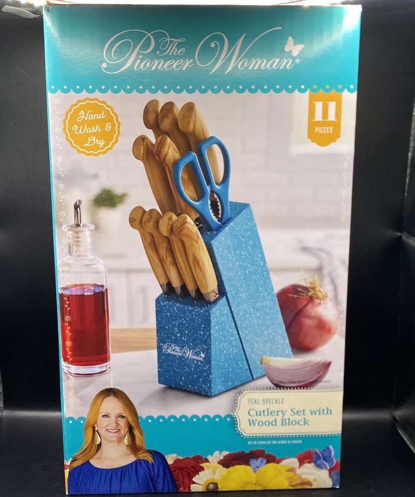 The Pioneer Woman 11-Piece Teal Speckle Cutlery Set with Wood Block Brand New