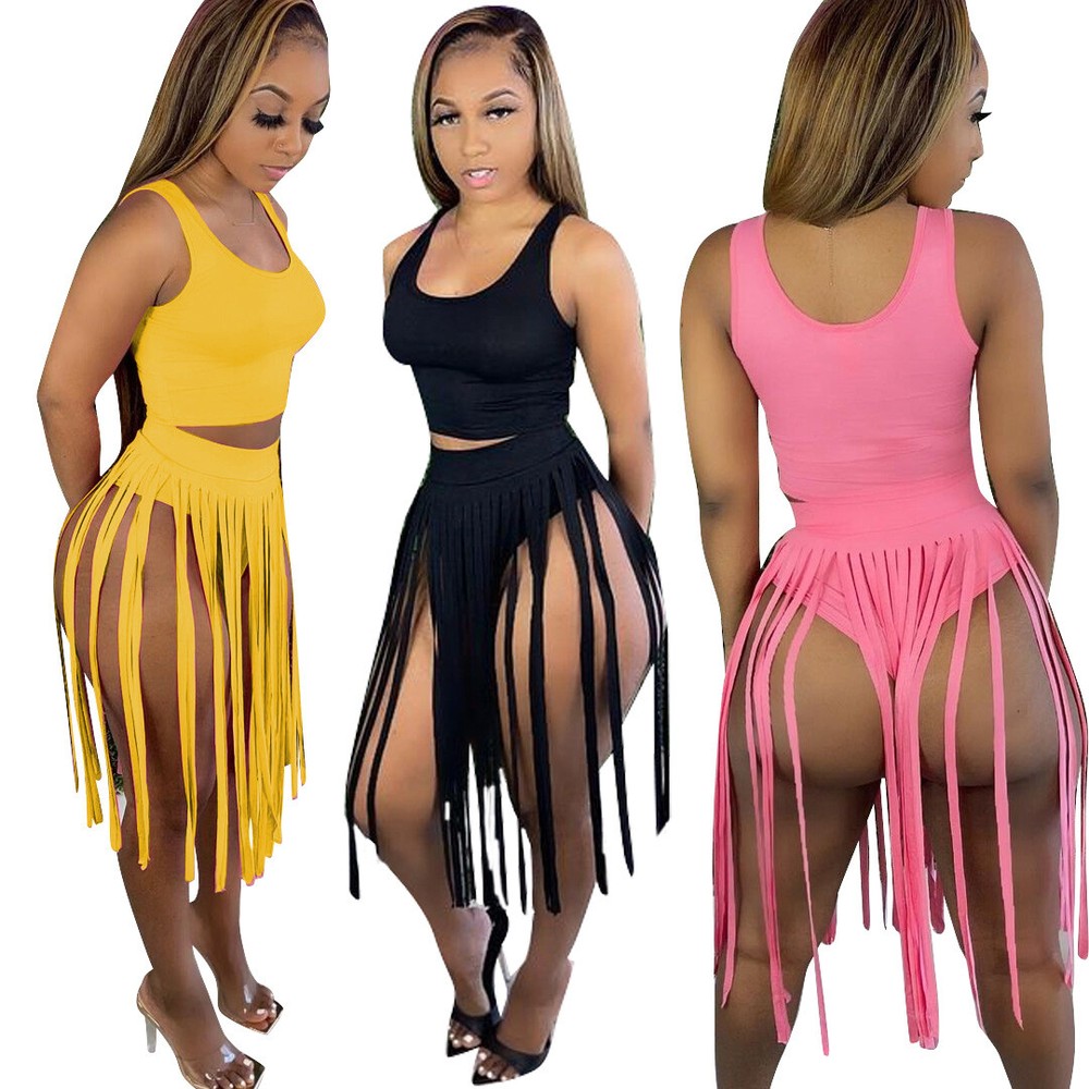 Sexy Women Solid Sleeveless Scoop Neck Tassels Bodycon Cocktail Dress Set 2pcs